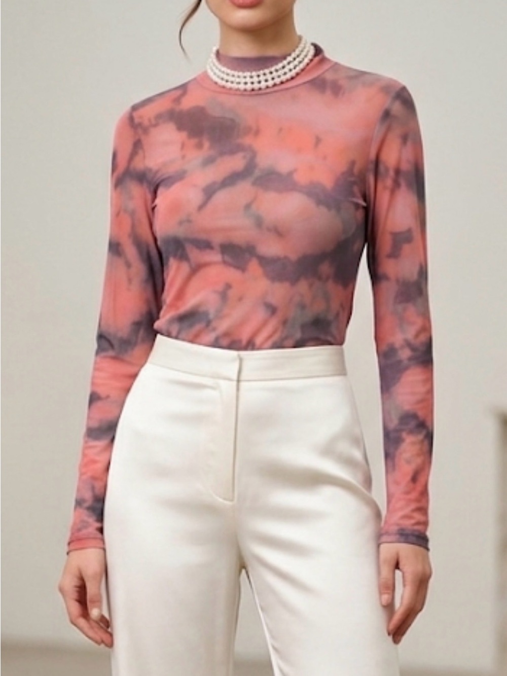 Anthropologie Pink Purple Tie Dye Mesh‎ Mock Neck Long Sleeve Top OB1461858